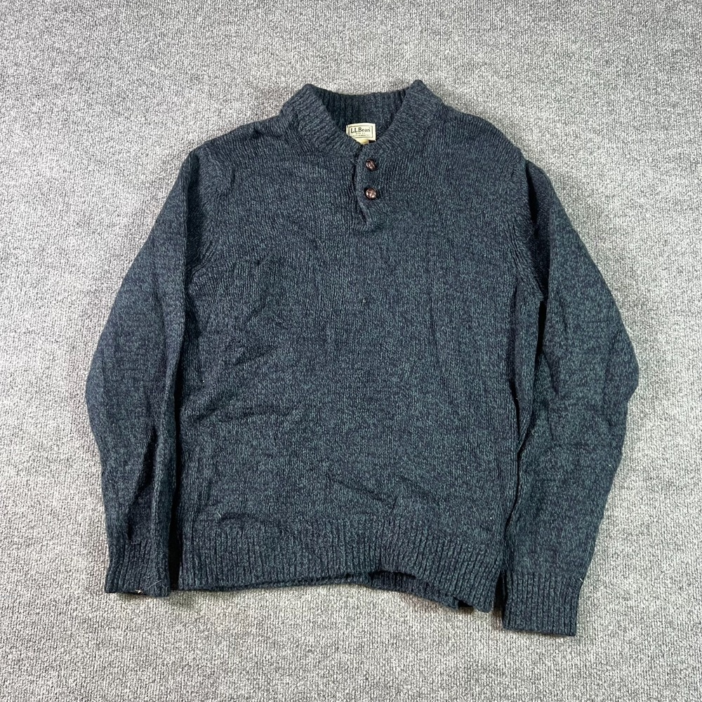 L.L. Bean Henley Sweater Mens Large Blue 100% Lambswool Knit Gorpcore 285174